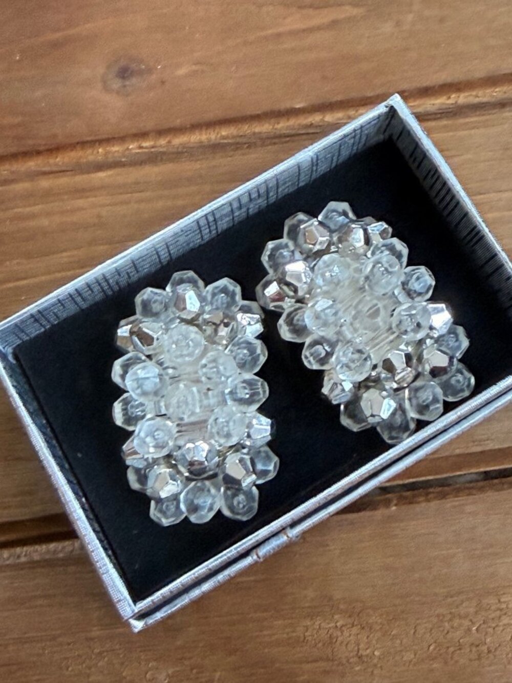 Vintage Clear & Silver Beaded Clip-On Earrings In Gift Box